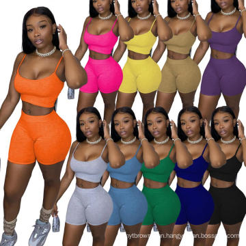 H85 2020 Summer Two Piece Set Snack Shorts Jogger Outfits Women Clothing 2 Piece Biker Short Set Women